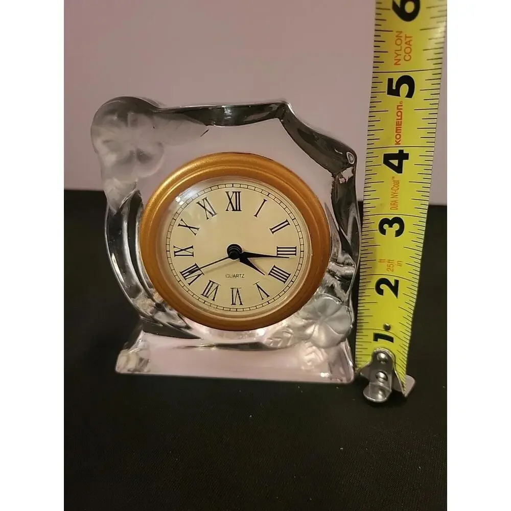 Small Heavy Glass Table Clock Quartz Movement Frosted Flowers 4.5